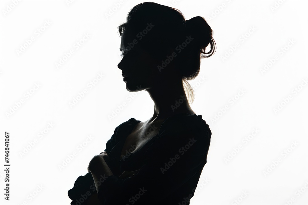 Confidently looking forward beautiful girl s silhouette Arms folded on white background Confidently looking forward beautiful girl s silhouette Arms folded on white background