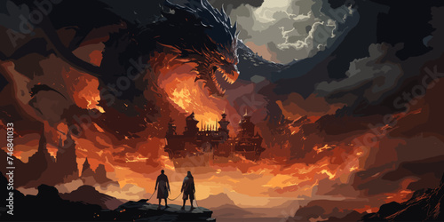 knight with the light sword standing near the giant fire dragon, digital art style, illustration painting
