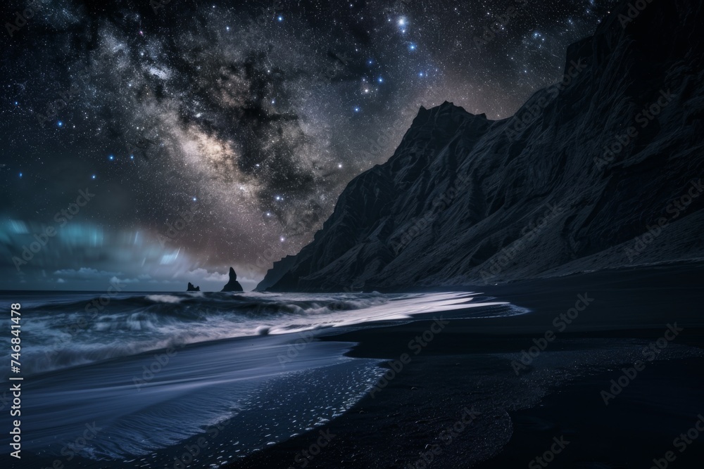 Starry night over rugged cliffs and serene beach landscape Starry night over rugged cliffs and serene beach landscape