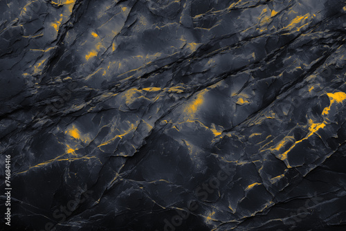 Black natural bold abstract rock background. Dark and gold stone texture mountain close-up cracked for banner ad design copy space