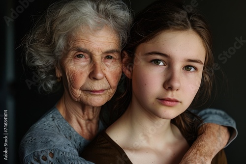 Different generation family bonding beautiful elderly and young woman with perfect skin young daughter standing behind mother putting hand on arm looking at ca