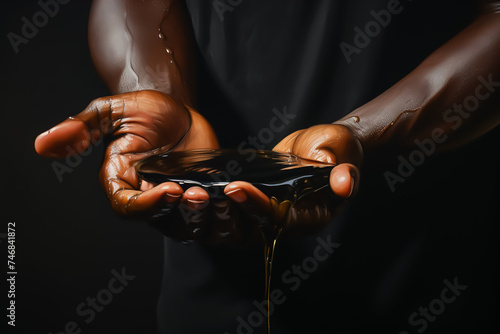 Image of a man scooping up oil with his bare hands. Concept illustration of fossil fuels and oil, environment and resources.