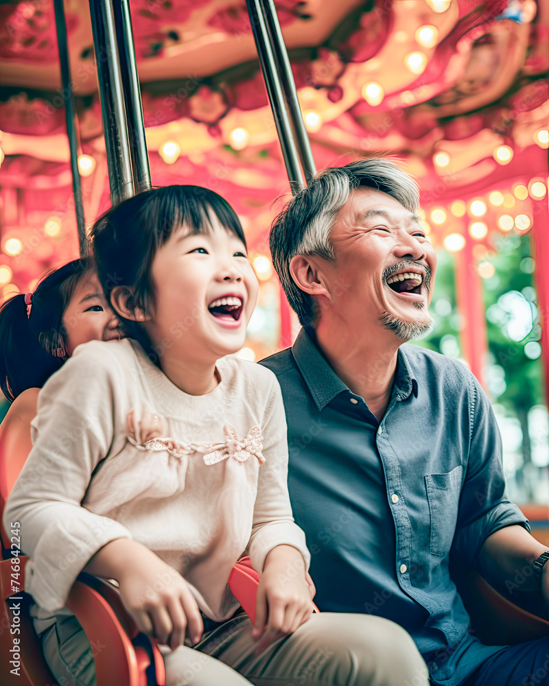 Joyful Asian elder creates cherished fair memories with granddaughters, swings, carousels, family joy.