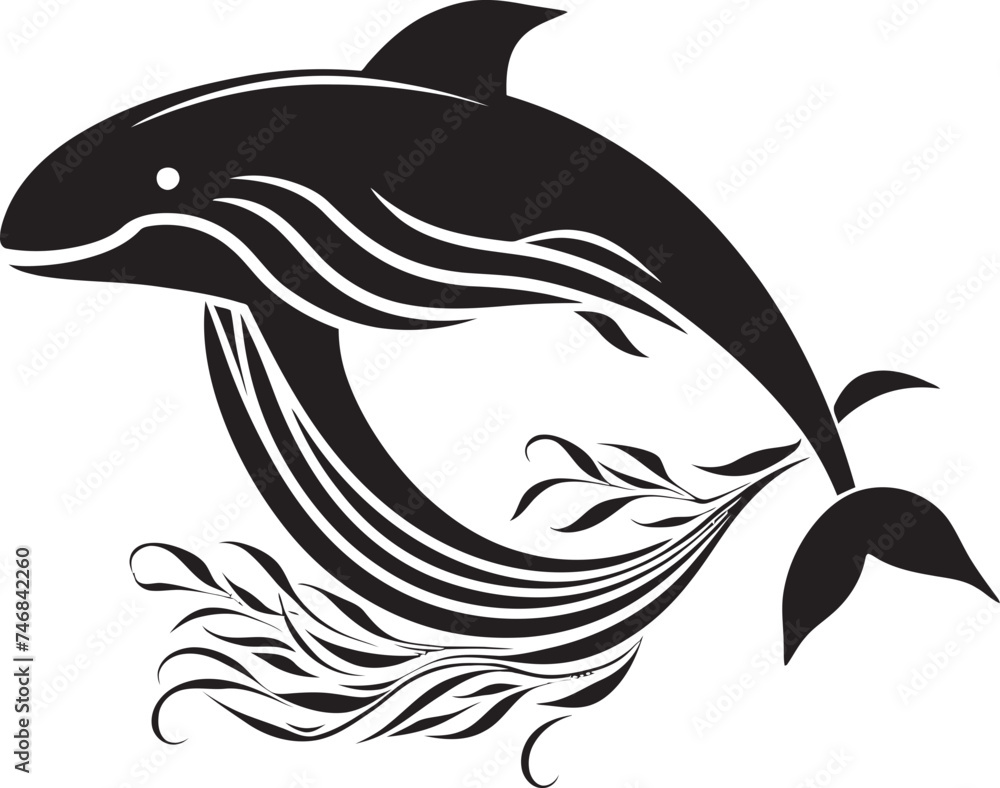 Fototapeta premium Blue Horizon Emblematic Whale Logo Cresting Waves Vector Icon Graphics