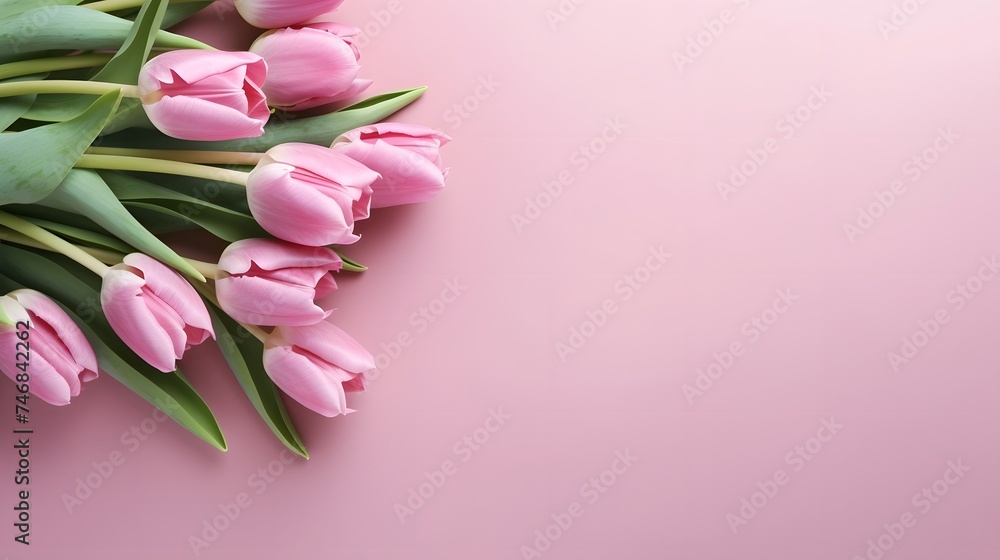 Bouquet of pink tulips on pink background, top view, with copy space for text. Greeting card for Valentine's Day, Woman's Day, Mothers day Bouquet of pink tulips on pink background, top view, with copy space for text. Greeting card for Valentine's Day, Woman's Day, Mothers day
