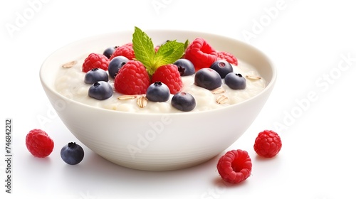 Oatmeal porridge with yogurt and berries isolated on white background.