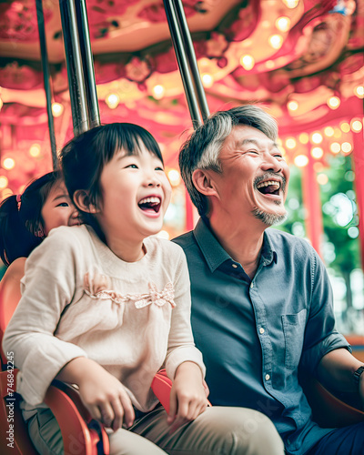 Obraz na płótnie Joyful Asian elder creates cherished fair memories with granddaughters, swings, carousels, family joy. w salonie