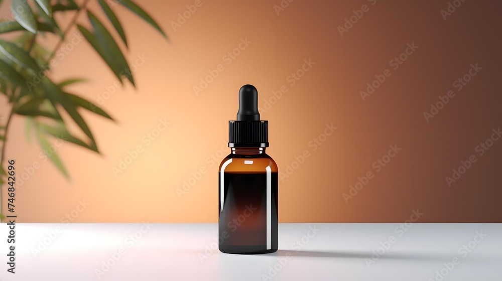 Glass bottle dropper mockup template on a light orange background. Natural Organic Spa Cosmetic concept. Skin care product, aromatic oil Glass bottle dropper mockup template on a light orange background. Natural Organic Spa Cosmetic concept. Skin care product, aromatic oil