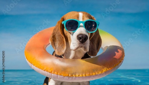 A beagle dog wearing sunglasses and an swimming circle on a blue background. The concept of a summer holiday by the sea.