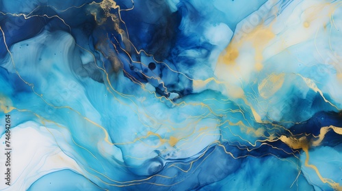 Abstract blue liquid background with glitter golden line and splash. Marble alcohol ink, luxury fluid art painting