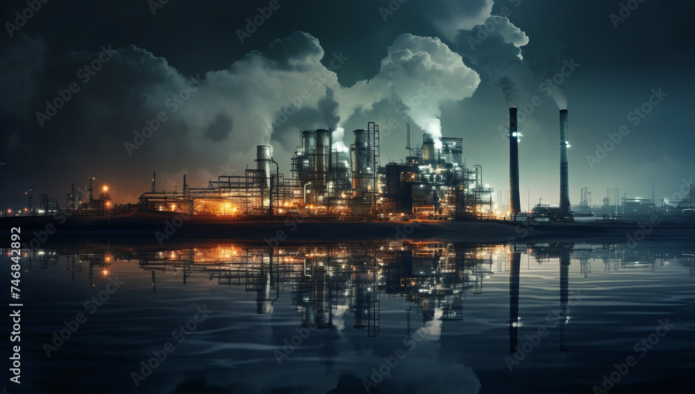 Nuclear, coal,energy power station under cloudy sky, industrial factory spewing thick, black smoke into the atmosphere, contributing to air pollution. Global warming concept Nuclear, coal,energy power station under cloudy sky, industrial factory spewing thick, black smoke into the atmosphere, contributing to air pollution. Global warming concept