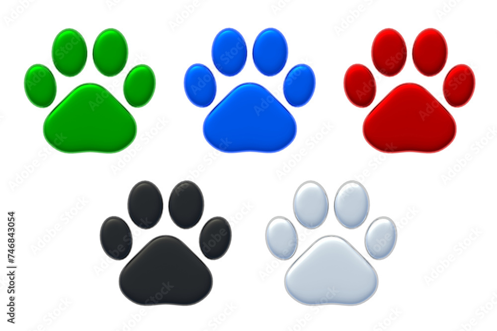 Set of colorful pet footprints isolated on white background. Animal tracks. Top view. 3d render Set of colorful pet footprints isolated on white background. Animal tracks. Top view. 3d render