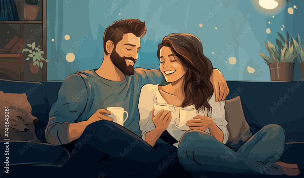 Laughing Couple During a Cozy Home Movie Night isolated vector style on isolated background illustration Laughing Couple During a Cozy Home Movie Night isolated vector style on isolated background illustration
