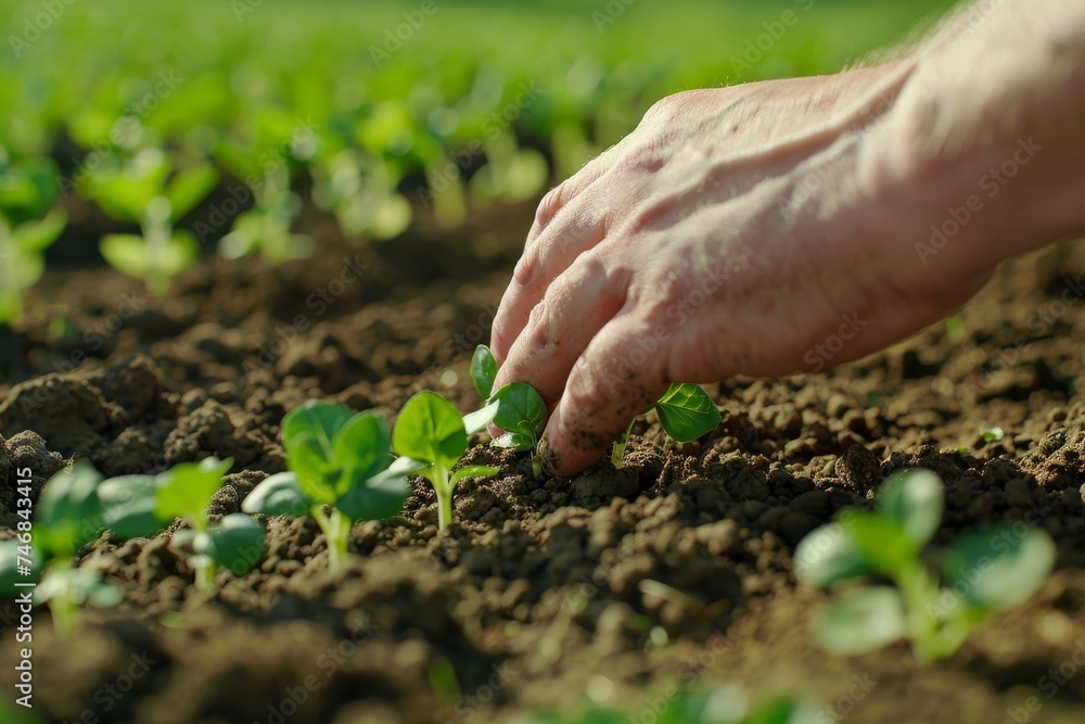 Farmer evaluates green sprouts in field a business concept of investment and income growth