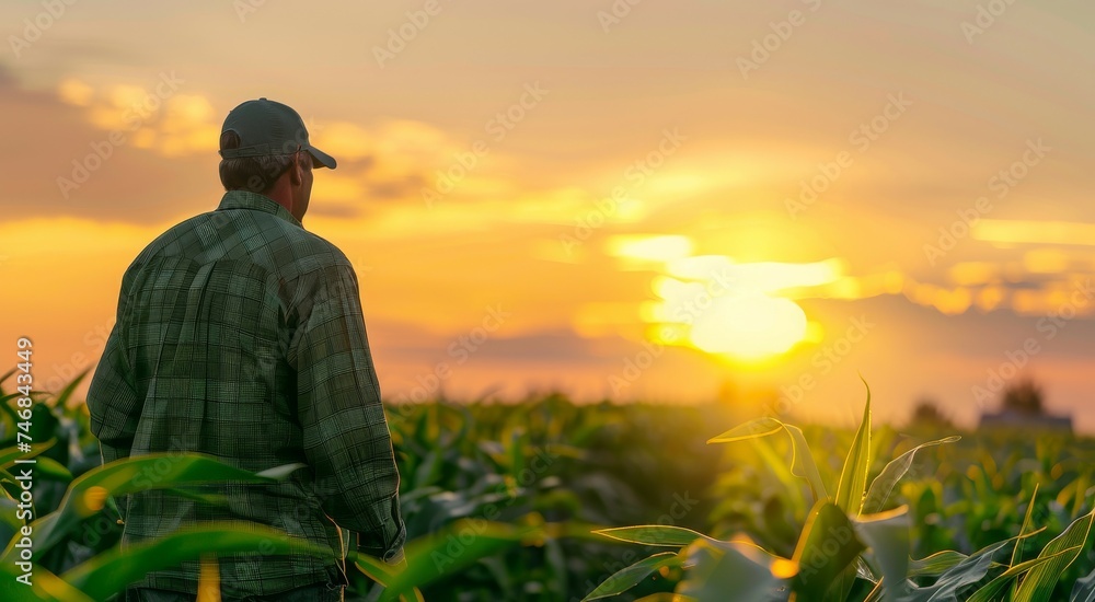 Farmer inspects corn field at sunset with copy space
