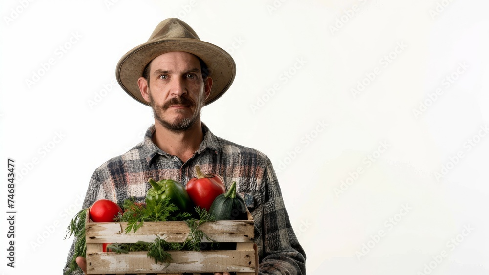 Farmer with vegetable crate posing solo on white background