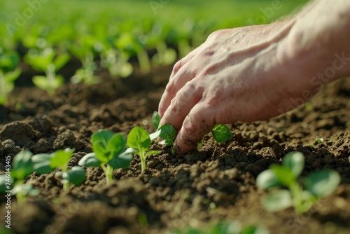 Farmer evaluates green sprouts in field a business concept of investment and income growth