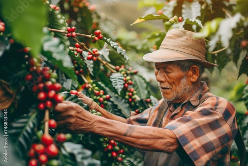 Farmer harvesting Arabica coffee beans from the tree photo