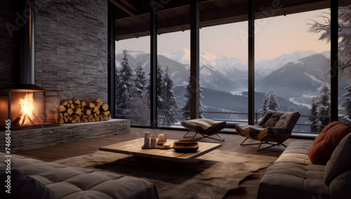 Living space with fireplace and window scene  Modern chalet living room with a warm fireplace and a view of snow-covered trees  embodying luxurious comfort.