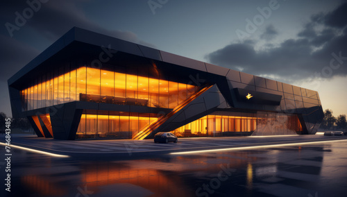 Modern commercial architectural exterior of the futuristic industrial building. Modern Glass Architecture Emphasizing Transparency and Openness