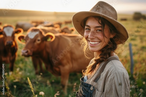 Farmer woman with cattle wearing a smile outside photo