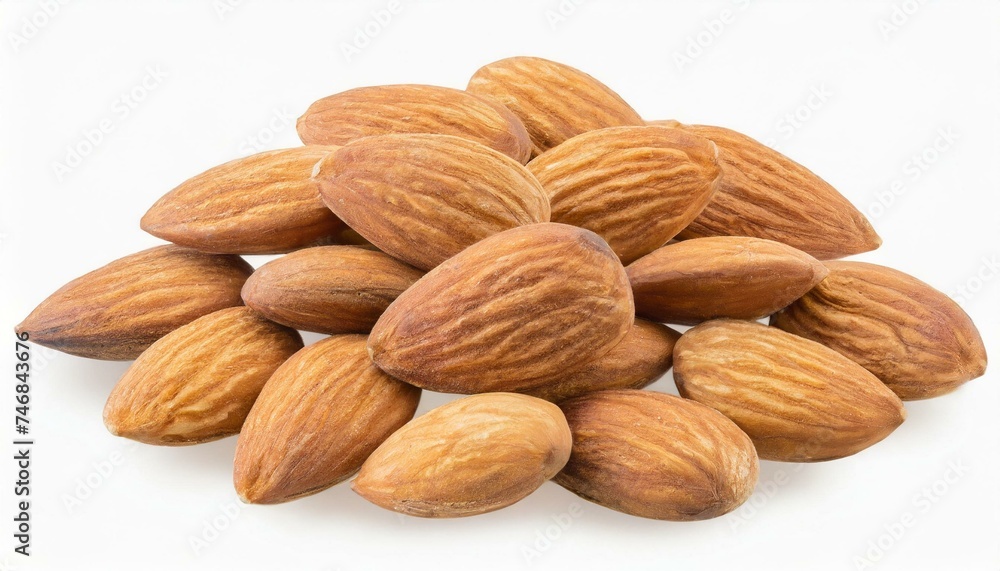 Top view of almonds heap isolated white background clipping path Top view of almonds heap isolated white background clipping path