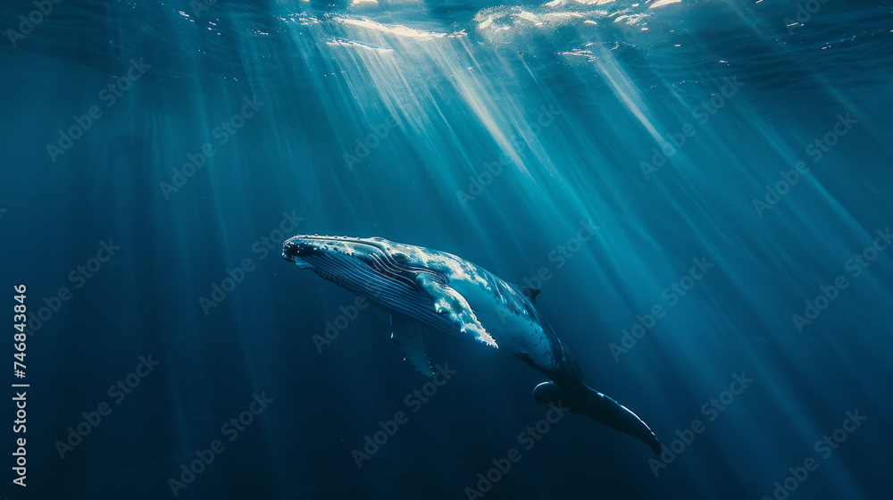 a cinematic photo of a whale in the deep blue sae, stunning sunbeams cutting through the water, medium distance a cinematic photo of a whale in the deep blue sae, stunning sunbeams cutting through the water, medium distance
