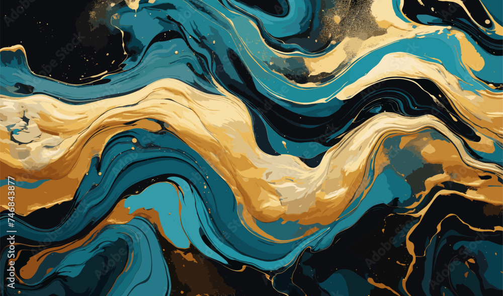 liquid paint artwork with fluid formation, paint swirls colorful gold marble teal luxurious seamless illustration - obrazy, fototapety, plakaty 