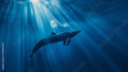 a cinematic photo of a whale in the deep blue sae, stunning sunbeams cutting through the water, medium distance © Christian