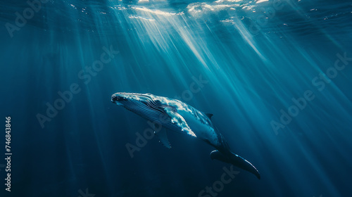 a cinematic photo of a whale in the deep blue sae  stunning sunbeams cutting through the water  medium distance