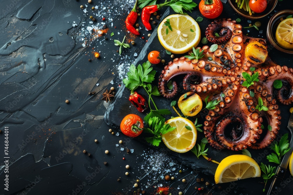 Grilled octopus and vegetables served on a dark background