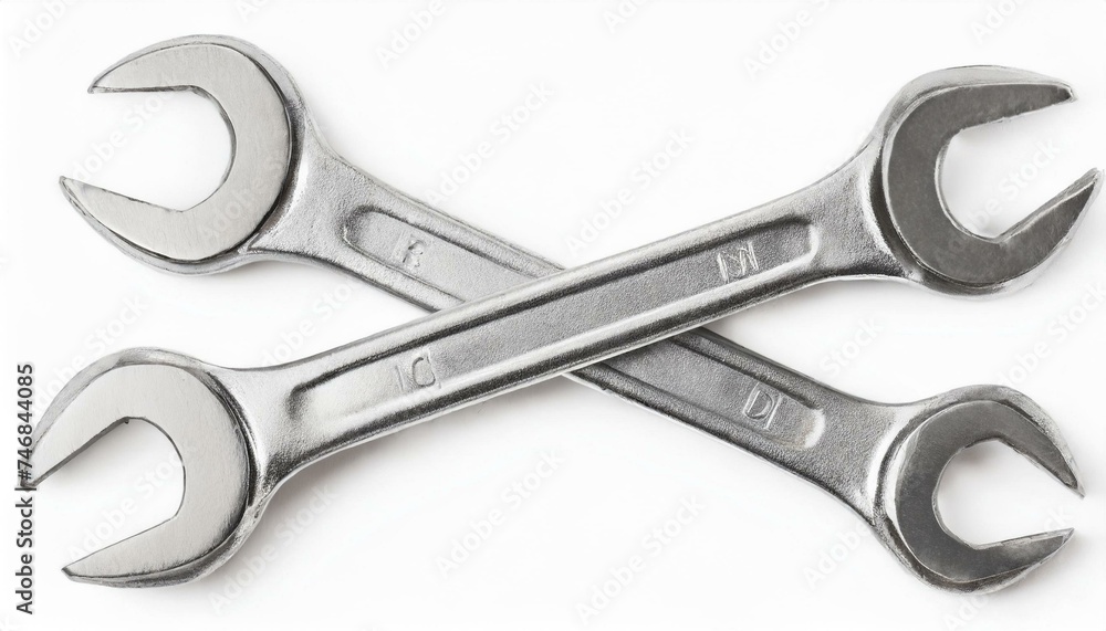Top view of two silver wrenches isolated clipping path white background Top view of two silver wrenches isolated clipping path white background