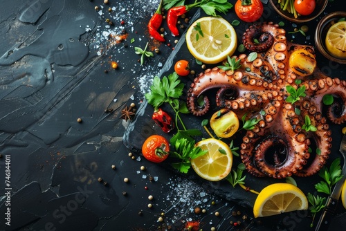 Grilled octopus and vegetables served on a dark background