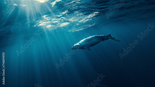 a cinematic photo of a whale in the deep blue sae, stunning sunbeams cutting through the water, medium distance © Christian