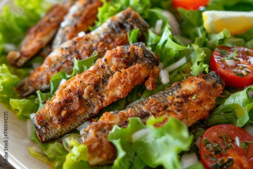 Fresh Greek sardines in batter served on crisp lettuce in a healthy regional seafood dish
