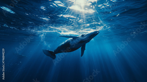 a cinematic photo of a whale in the deep blue sae, stunning sunbeams cutting through the water, medium distance photo