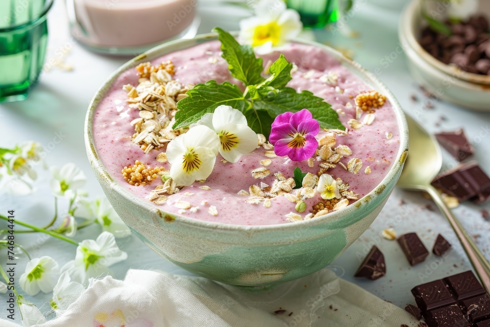 Fruit yogurt with oats and granola topped with flowers served with a green water glass and chocolate smoothie Fruit yogurt with oats and granola topped with flowers served with a green water glass and chocolate smoothie