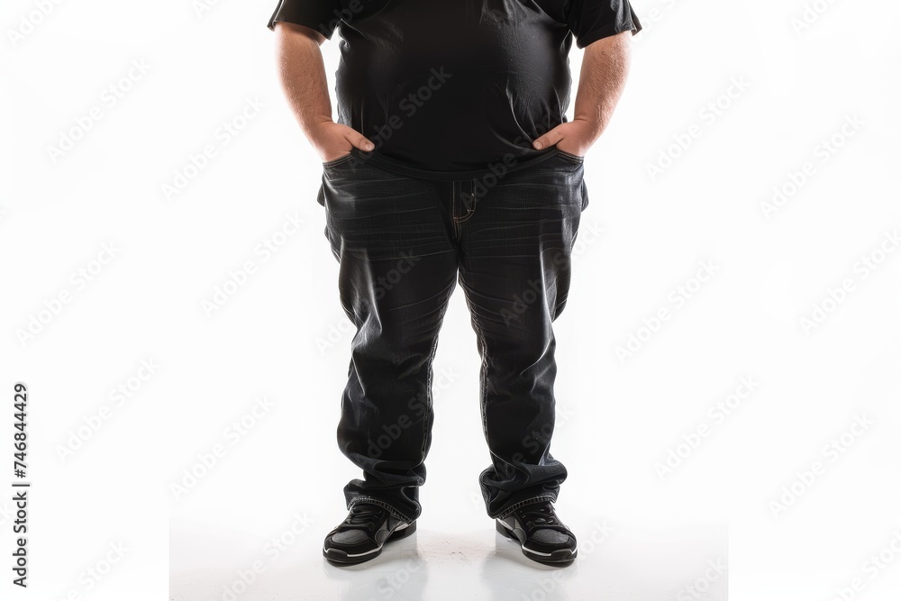 Full shot of overweight man isolated on white hands in pockets Full shot of overweight man isolated on white hands in pockets