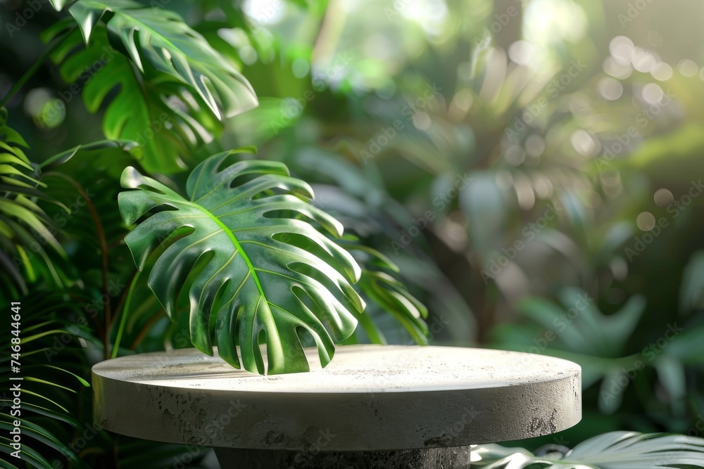 Green monstera plant on a stone podium in a tropical forest backdrop representing beauty and natural cosmetics display in a paradise like setting Green monstera plant on a stone podium in a tropical forest backdrop representing beauty and natural cosmetics display in a paradise like setting