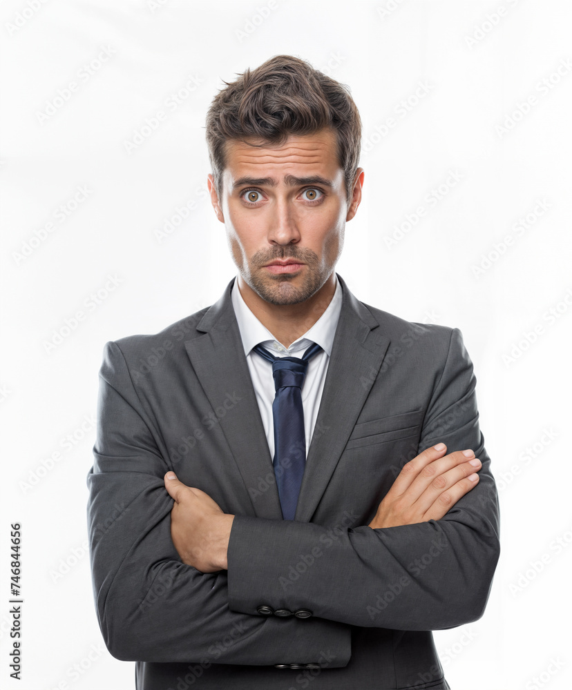 Offended sad angry caucasian young man with arms crossed blowing his lips looking at camera isolated in white background. Conflict anger concept Offended sad angry caucasian young man with arms crossed blowing his lips looking at camera isolated in white background. Conflict anger concept