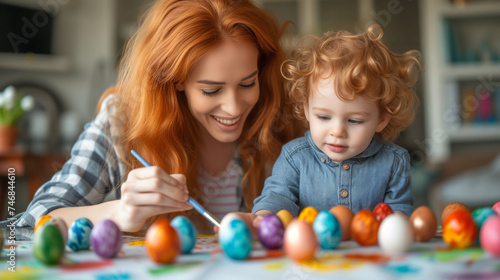 A woman and child together painting colorful Easter eggs in a festive celebration. Ai generative illustration