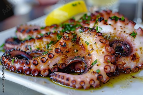 Greek dish of grilled octopus served on a white plate