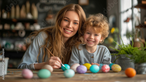 A mother and child enjoy painting Easter eggs together in a festive holiday atmosphere. Ai generative illustration