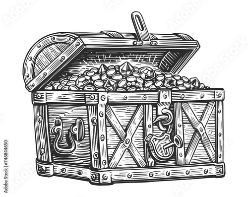 Pirate chest full of treasures of gold coins and precious stones. Hand drawn vector illustration in engraving style