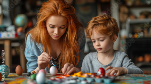 A woman and a child preparing Easter eggs together in a festive atmosphere. Ai generative illustration