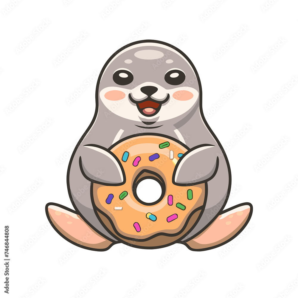 Fototapeta premium cute kawaii fat seal graphic with pink donut