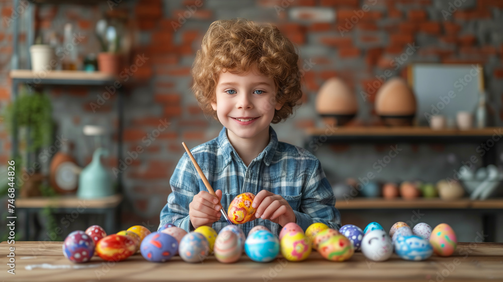 Fototapeta premium A child engages in Easter egg preparation, displaying festive spirit and holiday joy. Ai generative illustration