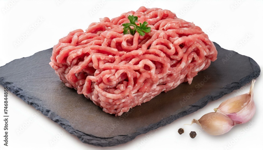 Top view of raw minced beef meat clipping path white background