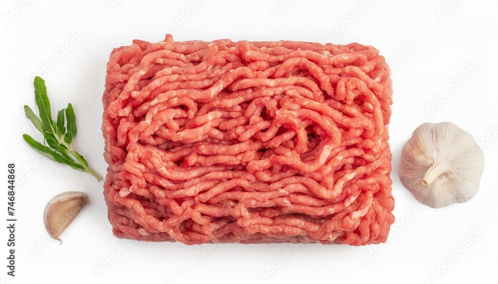 Top view of raw minced beef meat clipping path white background Top view of raw minced beef meat clipping path white background