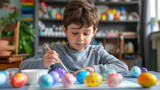 A child is focused on painting colorful Easter eggs during a festive holiday preparation. Ai generative illustration